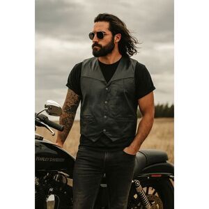 Leather World Black Leather Snap Button Waist Coat Motorcycle Vest  Mens Size XL